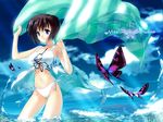  2001 beach bikini black_hair blue_eyes bug butterfly copyright_request day insect inuhiko short_hair solo swimsuit towel wallpaper 
