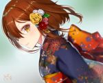  1girl alternate_costume blue_kimono blurry blurry_background brown_eyes brown_hair closed_mouth eyebrows_visible_through_hair fang floral_print from_side haiba_09 hair_ornament hatsumoude ikazuchi_(kantai_collection) japanese_clothes kantai_collection kanzashi kimono new_year obi print_kimono profile sash short_hair signature solo upper_body 