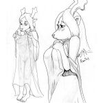  anthro antlers biped black_and_white blush breasts capreoline cervid clothing deltarune female hi_res horn looking_down mammal monochrome navel noelle_holiday realius reindeer robe simple_background solo traditional_media_(artwork) translucent translucent_clothing undertale_(series) video_games young 