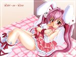  animal_ears artist_request blush breast_slip breasts bunny_ears choker di_gi_charat dice_hair_ornament grabbing hair_ornament large_breasts long_hair one_breast_out pink_hair red_eyes ribbon_choker self_fondle smile solo twintails usada_hikaru 