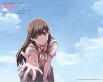  2005 amamiya_sayuri artist_request brown_hair copyright_name long_hair red_eyes ribbon school_uniform skirt solo tokimeki_memorial tokimeki_memorial_only_love wallpaper 