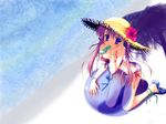  beach bikini blue_eyes copyright_request day food hat highres innertube kneeling mouth_hold nanao_naru popsicle purple_hair sandals solo straw_hat sun_hat swimsuit wallpaper 