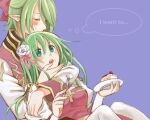  1boy 1girl arch_bishop_(ragnarok_online) arm_around_neck bangs blue_eyes blush bow breasts cake cake_slice cleavage_cutout closed_eyes clothing_cutout coat commentary_request couple cross dress earrings eyebrows_visible_through_hair eyes_visible_through_hair feet_out_of_frame flower food fork green_hair hair_between_eyes hair_bow hair_flower hair_ornament hetero high_priest_(ragnarok_online) holding holding_fork holding_plate jewelry juliet_sleeves layered_clothing long_hair long_sleeves medium_breasts medium_hair open_mouth pink_bow plate pointy_ears puffy_sleeves purple_background ragnarok_online red_bow red_coat sash stud_earrings thighhighs tsuki_miso two-tone_coat two-tone_dress white_coat white_dress white_flower white_legwear yellow_sash 