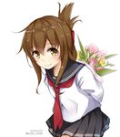  2016 arms_behind_back artist_name black_skirt blush bouquet brown_eyes brown_hair closed_mouth colis_(regunm772) collarbone commentary_request dated flower folded_ponytail inazuma_(kantai_collection) kantai_collection leaning_forward neckerchief number pleated_skirt sailor_collar shirt simple_background skirt smile solo twitter_username white_background white_shirt 