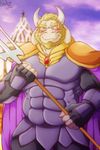  2016 anthro asgore_dreemurr beard big_muscles blonde_hair blurred_background blush caprine clothed clothing digital_media_(artwork) facial_hair front_view funeral-paws fur goat hair hi_res horn king looking_at_viewer male mammal melee_weapon muscular muscular_male polearm portrait royalty signature smile solo three-quarter_portrait trident undertale video_games weapon white_fur 