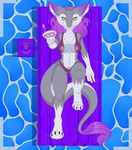  2016 anthro beverage bikini black_claws bra breasts claws clothed clothing cup female food fur grey_fur hair hi_res lady-tragedy long_hair looking_at_viewer lying navel on_back purple_fur purple_hair sergal slit_pupils smile solo storm_(stormblazer) swimsuit toe_claws tuft underwear water white_fur yellow_eyes 