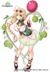  ahoge balloon balloon_vine_(flower_knight_girl) black_footwear blonde_hair braid breasts bubble_skirt cleavage cleavage_cutout copyright_name flower flower_knight_girl full_body goggles goggles_on_head green_eyes green_panties green_skirt hair_flower hair_ornament heart heart-shaped_pupils large_breasts long_hair looking_at_viewer object_namesake official_art panties see-through shirt shoes single_braid skirt sleeveless sleeveless_shirt smile solo standing strappy_heels symbol-shaped_pupils underwear utsurogi_akira white_background 