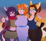  anthro belly big_breasts blue_eyes blush breasts brown_fur brown_hair canine cat claire_(skidd) clothed clothing dog eyewear feline female fennec fox fur hair huge_breasts kibbles long_hair mammal multicolored_fur orange_hair purple_fur purple_hair red_eyes rishi-chan scarf sesame_akane slightly_chubby smile standing thick_thighs two_tone_fur uberquest v_sign white_fur wide_hips yellow_fur 