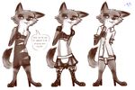  2016 anthro balls bare_shoulders bb canine clothed clothing crossdressing dialogue disney dress elbow_gloves english_text fox fur girly gloves hair hi_res high_heels legwear maid_uniform male mammal multiple_poses nick_wilde open_shirt penis pose simple_background skimpy smile solo stockings text underwear uniform white_background zootopia 