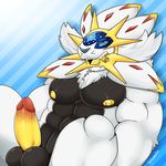  2016 anthro balls big_balls big_pecs big_penis cat erection feline grin hands_behind_back legendary_pok&eacute;mon lion looking_at_viewer male mammal nintendo pecs penis pok&eacute;mon presenting schwarzfox simple_background smile solgaleo solo teeth video_games 