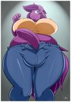  2016 absurd_res anthro border clothed clothing dickgirl earth_pony equine fan_character hair hi_res horse intersex jeans low-angle_view mammal my_little_pony pants penis pony purple_hair sanders solo white_border 
