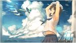  1girl aa_gun absurdres admiral_(kantai_collection) aircraft airplane alternate_costume armpit_peek armpits arms_up artist_name brown_hair cloud cloudy_sky day from_side gloves hands_on_headwear hat highres i-401_(kantai_collection) kantai_collection key_kun looking_to_the_side m6a_seiran md5_mismatch midriff mountain neckerchief open_mouth pleated_skirt ponytail railing sailor_hat school_uniform serafuku short_hair short_sleeves skirt sky solo_focus sunlight teeth white_gloves wind wind_lift 