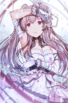 1girl arm_up armlet armpits bandage bangs bare_shoulders commentary_request dress eyebrows_visible_through_hair flower gloves grey_hair hair_flower hair_ornament idolmaster idolmaster_shiny_colors long_hair looking_at_viewer parted_lips purple_eyes sidelocks solo twintails white_dress white_gloves yae_(mono110) yuukoku_kiriko 