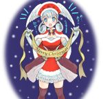  1girl artist_request bell blue_eyes breasts christmas curly_hair dress elbow_gloves fur_trim gloves hat head_wings long_hair looking_at_viewer medium_breasts melia merry_christmas nintendo open_mouth red_dress red_gloves santa_costume santa_hat silver_hair simple_background solo thighhighs white_background xenoblade_(series) xenoblade_1 