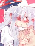  blush ear_blush fujiwara_no_mokou hat kamishirasawa_keine kiss long_hair multiple_girls shirt shocked_eyes silver_hair six_(fnrptal1010) sweatdrop touhou upper_body yuri 