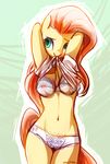  2016 anthro anthrofied bra breasts clothed clothing clothing_lift equine female fluttershy_(mlp) friendship_is_magic hair hands_behind_head horse lillayfran long_hair mammal my_little_pony navel nipples panties pink_hair shirt shirt_lift solo standing underwear 