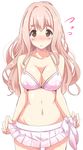  bikini bikini_skirt blush breasts brown_eyes cleavage collarbone eyebrows flying_sweatdrops highres idolmaster idolmaster_cinderella_girls large_breasts long_hair looking_at_viewer midriff natsu_(anta_tte_hitoha) navel pink_hair pleated_skirt saionji_kotoka skirt solo swimsuit thick_eyebrows wide_hips 