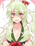  breasts cleavage collarbone ex-keine green_hair horn_ribbon horns kamishirasawa_keine large_breasts long_hair looking_at_viewer neckerchief open_mouth red_eyes ribbon six_(fnrptal1010) solo tail tears touhou translation_request upper_body 