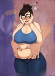  belly_grab blush breasts brown_hair cedargrove curvy eyes_closed glasses large_breasts mei_(overwatch) open_mouth overwatch plump short_hair thick_thighs wide_hips 