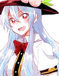  blue_hair food fruit hat hinanawi_tenshi long_hair looking_at_viewer open_mouth peach puffy_short_sleeves puffy_sleeves red_eyes shirt short_sleeves six_(fnrptal1010) smile solo touhou upper_body 