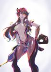  bodysuit breasts center_opening gun head_mounted_display large_breasts long_hair looking_at_viewer navel overwatch pink_bodysuit purple_hair purple_skin push!_(pushmylove) rifle sniper solo thighs weapon widowmaker_(overwatch) 