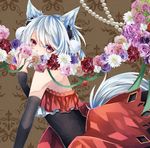  alternate_costume animal_ears arched_back blue_flower blue_rose brown_background covering_mouth daisy dougen dress elbow_gloves eyeliner fingerless_gloves fingernails flower garland_(decoration) gloves highres inubashiri_momiji looking_at_viewer makeup nail_polish patterned_background pearl pink_flower pink_rose pom_pom_(clothes) purple_flower purple_rose red_dress red_eyes red_nails rose short_hair silver_hair solo strapless strapless_dress tail touhou wolf_ears wolf_tail 