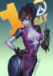  bodysuit breasts center_opening citemer gloves head_mounted_display long_hair medium_breasts overwatch pink_bodysuit ponytail purple_hair purple_skin solo widowmaker_(overwatch) yellow_eyes 