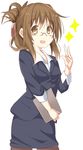 bespectacled blush brown_eyes brown_hair folded_ponytail formal glasses highres inazuma_(kantai_collection) kantai_collection looking_at_viewer natsu_(anta_tte_hitoha) open_mouth pantyhose pencil_skirt short_hair skirt skirt_suit smile solo suit teacher 