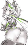  ass blush breasts from_below gene_(pso2) hair_between_eyes hair_ornament inayama large_breasts looking_back looking_down monochrome panties phantasy_star phantasy_star_online_2 sideboob sketch solo spot_color sweatdrop thighhighs thong twintails underwear upskirt 