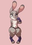  anthro breasts clothed clothing disney female gloves judy_hopps lagomorph long_ears mammal nipples pose purple_eyes rabbit rinzy skimpy small_breasts solo thick_thighs topless zootopia 