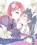  :3 arm_around_back bad_id bad_twitter_id black_hair blush chin_grab closed_eyes dreaming eye_contact flower hair_flower hair_ornament imminent_kiss lily_(flower) long_hair long_sleeves looking_at_another love_live! love_live!_sunshine!! multiple_girls nakayama_miyuki necktie red_hair sakurauchi_riko sleeping strawberry_trapper teruyof tsushima_yoshiko vest yellow_eyes yuri 