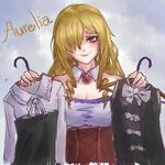  aurelia_(dorei_to_no_seikatsu) bare_shoulders blonde_hair blush brooch character_name clothes_hanger detached_collar dorei_to_no_seikatsu_~teaching_feeling~ drill_hair hair_over_one_eye highres holding_clothes jewelry lipstick long_hair looking_at_viewer makeup purple_lipstick red_eyes smile solo tui_isumi upper_body 