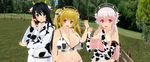  3girls animal_ears animal_print bare_shoulders bell bell_collar bikini black_hair blonde_hair blush breasts bridal_gauntlets cleavage collar cow_ears cow_horns cow_print custom_maid_3d_2 elbow_gloves fujimi_suzu gloves green_eyes headphones highres hood hoodie horns huge_breasts large_breasts long_hair looking_at_viewer multiple_girls navel nitroplus open_mouth orange_eyes pants pink_eyes pink_hair plump short_hair smile super_pochaco super_sonico swimsuit twintails uld_macaron 