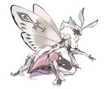  abdomen antennae anthro arthropod black_sclera blush breasts claws cum digitigrade dripping eyelashes female fur insect kneeling looking_at_viewer looking_back moth multi_arm multi_limb red_eyes simple_background solo white_fur wide_hips wings wkar 