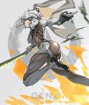  absurdres armor ass bangs bodysuit boots breasts character_name closed_mouth from_side genderswap genderswap_(mtf) genji_(overwatch) gloves glowing grey_background helmet highres holding holding_sword holding_weapon katana long_hair looking_at_viewer looking_back medium_breasts motion_blur nogchasaeg_(karon2848) orange_eyes outstretched_arms overwatch shade shiny shiny_clothes shuriken silver_hair solo sword throwing weapon 