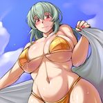  bikini blush breasts cloud day from_below grey_hair large_breasts long_hair looking_at_viewer nail_polish navel red_eyes rozen_maiden sky smile solo suigintou swimsuit towel tsuda_nanafushi wet yellow_bikini 