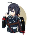  ahoge armor black_hair grimay japanese_armor male_focus military military_uniform namazuo_toushirou necktie open_mouth playing_with_own_hair purple_eyes shoulder_armor sode solo touken_ranbu uniform upper_body 