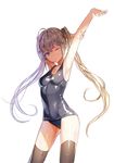 ;&lt; ahoge armpits arms_up bare_arms bare_shoulders black_legwear blonde_hair blue_eyes breasts cameltoe cleavage closed_mouth collarbone competition_school_swimsuit contrapposto cowboy_shot highres kim_eb long_hair looking_at_viewer medium_breasts old_school_swimsuit one-piece_swimsuit original school_swimsuit shiny shiny_clothes solo standing stretch swimsuit thighhighs twintails very_long_hair water water_drop wet 