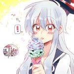  +++ 3girls blue_hair blush cirno eating fujiwara_no_mokou hat ice_cream_cone kamishirasawa_keine long_hair multicolored_hair multiple_girls red_eyes sidelocks silver_hair six_(fnrptal1010) solo_focus sparkle sparkling_eyes spoken_exclamation_mark stall tongue tongue_out touhou two-tone_hair upper_body wrapper 