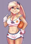  2016 anthro armpits basketball big_breasts blue_eyes breasts brown_fur brown_hair buckteeth camel_toe cleavage clothed clothing crop_top english_text eyeshadow female fur gloves hair half-closed_eyes hand_on_hip hi_res lagomorph lola_bunny long_hair looking_at_viewer looney_tunes makeup mammal off_shoulder open_mouth patreon pink_nose purple_background rabbit rach_verity shirt shorts signature simple_background smile solo space_jam teeth text tongue warner_brothers 
