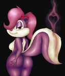  &lt;3 2016 anthro black_background breasts female fifi_la_fume fluffy fluffy_tail hair hair_bow hair_over_eye hair_ribbon hand_on_butt hi_res looking_at_viewer looking_back mammal nude pink_hair purple_eyes rear_view ribbons scent side_boob simple_background sirredbenjamin skunk smile solo tiny_toon_adventures warner_brothers 