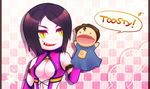  black_hair breasts bust checkered_background cleavage dan_forden female food grin happy jpeg_artifacts mileena mortal_kombat pink_background puppet sharp_teeth short_hair solo white_background yellow_eyes 