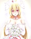  1girl :d alternate_costume bare_shoulders blonde_hair blush bouquet breasts bridal_veil cleavage collarbone commentary_request crescent diamond_(gemstone) dress elbow_gloves eyebrows_visible_through_hair flower gloves hair_between_eyes headpiece highres holding holding_bouquet jewelry junko_(touhou) lace lace-trimmed_gloves large_breasts long_hair looking_at_viewer musteflott419 necklace open_mouth red_eyes smile solo strapless strapless_dress touhou upper_body veil very_long_hair wedding_dress white_dress white_gloves 