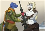  anthro armor big_breasts breasts clothed clothing dragon_(titanfall) duo female fish gun male marine militia pilot pilot_(titanfall) ranged_weapon rifle shark smile teeth titanfall video_games vodka_kovalevski weapon xpray 