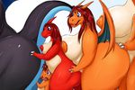  anthro breasts charizard charmander charmeleon female group group_sex hair mega_charizard mega_charizard_x mega_charizard_y mega_evolution nintendo nude overweight pok&eacute;mon sandwich_position scalie sex shenzel side_view size_difference squish train_position video_games 