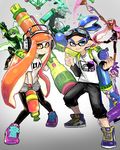  3girls aqua_eyes aqua_hair bangs baseball_cap beanie blue_eyes blue_hair blunt_bangs burst_bomb_(splatoon) capri_pants commentary denim denim_shorts dress_shirt emblem glasses goggles goggles_on_head green_eyes green_hair hat headphones ink_tank_(splatoon) inkbrush_(splatoon) inkling inkzooka_(splatoon) jeans layered_clothing long_hair long_sleeves looking_at_viewer luna_blaster_(splatoon) mask multiple_boys multiple_girls orange_eyes orange_hair pants pants_under_shorts pink_eyes pink_hair print_shirt purple_eyes purple_hair scope shirt shoes short_hair short_over_long_sleeves short_shorts short_sleeves shorts smile smirk sneakers splat_bomb_(splatoon) splat_charger_(splatoon) splat_roller_(splatoon) splatoon_(series) splatoon_1 splattershot_(splatoon) standing t-shirt tentacle_hair topknot white_shirt yunomi_(art1925love) 