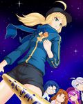  ahoge artoria_pendragon_(all) black_hair black_shorts blonde_hair blue_hair brown_eyes ciel closed_eyes eating fate_(series) green_eyes holding holding_sword holding_weapon inu_muchi long_hair melty_blood multiple_girls mysterious_heroine_x purple_hair riesbyfe_stridberg rojiura_satsuki:_chapter_heroine_sanctuary short_hair shorts silver_hair sion_eltnam_atlasia sky star_(sky) starry_sky sword tsukihime weapon yumizuka_satsuki 