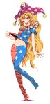  american_flag_dress american_flag_legwear blonde_hair breasts clownpiece commentary_request dress dress_lift error fangs full_body groin harusame_(unmei_no_ikasumi) hat highres hip_bones jester_cap long_hair looking_at_viewer midriff naughty_face navel no_pants no_shoes open_mouth pantyhose pink_eyes polka_dot ringed_eyes sharp_teeth short_sleeves small_breasts smile solo standing standing_on_one_leg striped striped_legwear teeth tongue tongue_out touhou very_long_hair wavy_hair 