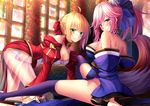  2girls animal_ears blush bow breasts caster_(fate/extra) dress fate/grand_order fate_(series) flowers foxgirl green_eyes long_hair pink_hair short_hair tail toshi yellow_eyes 