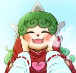  :3 alternate_costume animal_nose blue_sky blush chamaji curly_hair eyes_closed gloves green_hair hakurei_reimu hands_on_another&#039;s_face heart horns komano_aun long_hair open_mouth out_of_frame sky smile steam swirl touhou 